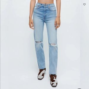Re/done extra stretch High Rise Stove Pipe jeans in Seawater Destroyed
